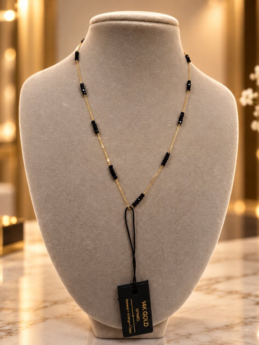 585 gold chain 14K Yellow Gold Black Spinel Bead Necklace Dainty 1.67g